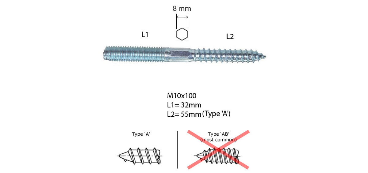 Hanger Bolts,  Zinc Plated Galvanized Blue Hanger Bolts M10x100mm