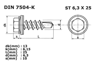 DIN7504 K ST 6.3x25 with Sealing Ring, Self Drilling Screws