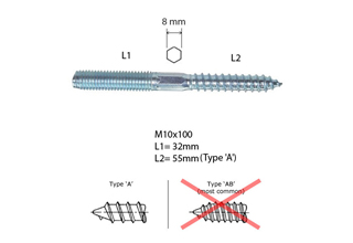 Hanger Bolts,  Zinc Plated Galvanized Blue Hanger Bolts M10x100mm